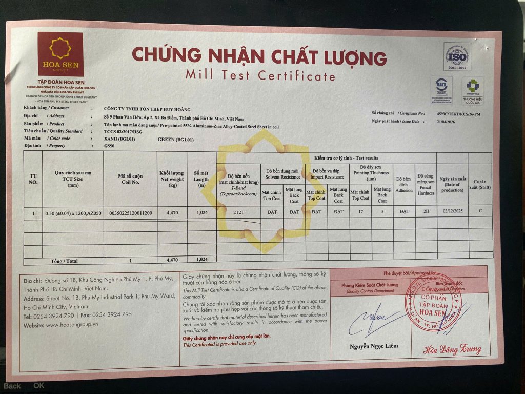 chứng chỉ chất lượng của tôn Hoa Sen