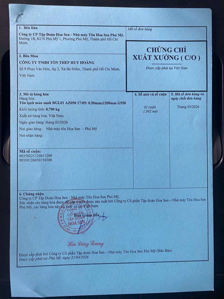Chứng chỉ xuất xưởng tôn Hoa Sen