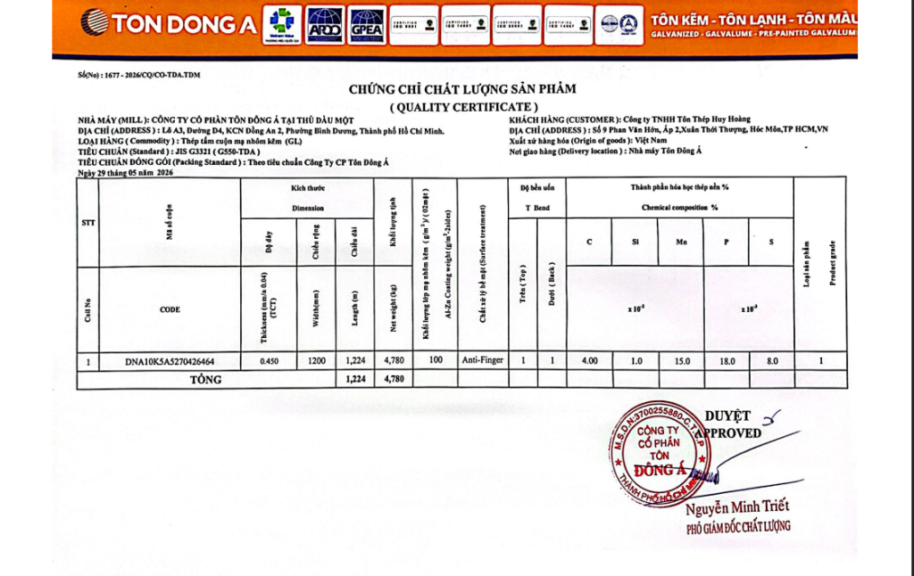 Chứng chỉ chất lượng COCQ tôn Đông Á sử dụng cho công trình thay mái tôn nhà xe AEON MALL Bình Dương