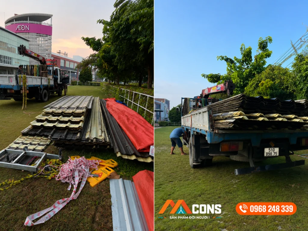 Bốc xếp và vận chuyển các tấm tôn cũ sau tháo dỡ ra khỏi công trường AEON Mall Bình Dương
