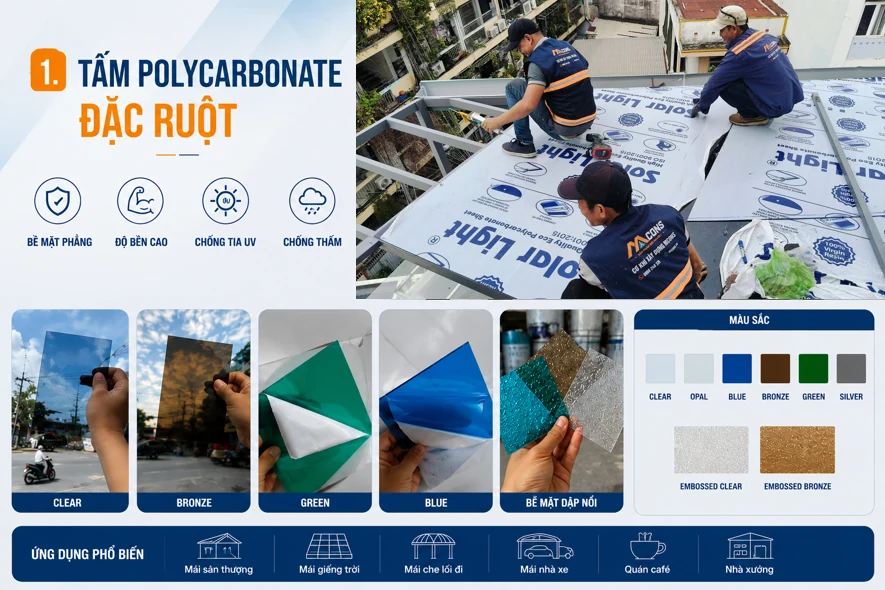 Tấm Polycarbonate đặc ruột – màu sắc và ứng dụng phổ biến