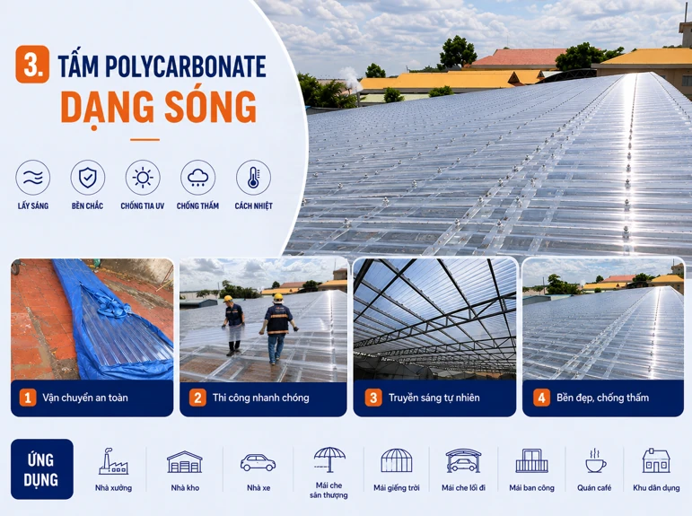 Tấm Polycarbonate cán sóng và ứng dụng thi công mái